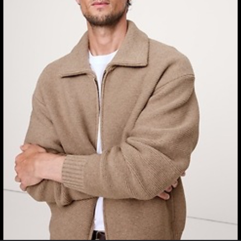 Banana Republic Men's Italian Merino-Blend Ribbed Zip Up Tan Sweater SMALL